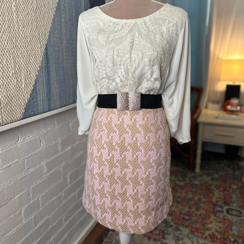 Vintage Peggy Jennings Pink and Gold Houndstooth Tweed Skirt - Picture 2 of 12